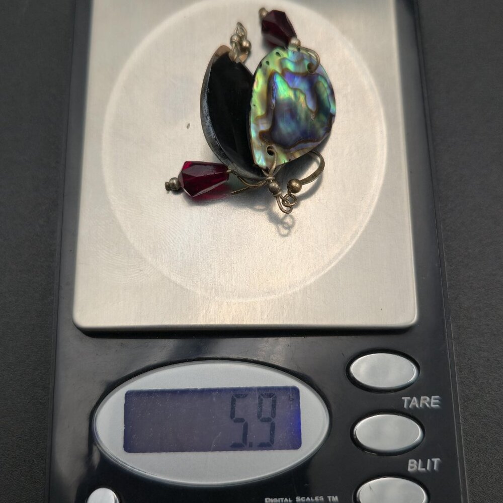 Silver Plated Oval Abalone And Red Crystal Rustic Earrings A6298 - Picture 5 of 5